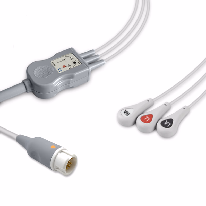 Compatible 3-lead One-Piece ECG Cable with Snap end (comparable to Philips M1972A) AHA Reusable, Limb Lead, 2.5m+0.9m, Defib-Proof (with Resist) SKU: EC-3005RS-A