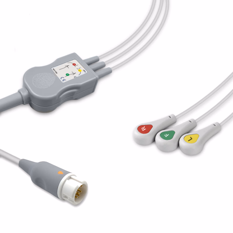 Compatible 3-lead One-Piece ECG Cable with Snap end (comparable to Philips M1981A) IEC Reusable, Limb Lead, 2.5m+0.9m, Defib-Proof (with Resist) SKU: EC-3005RS-I
