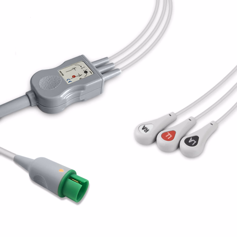 Compatible 3-lead One-Piece ECG Cable with Snap end (comparable to Spacelabs 72713) AHA Reusable, Limb Lead, 2.5m+0.9m, Defib-Proof (with Resist) SKU: EC-3007RS-A