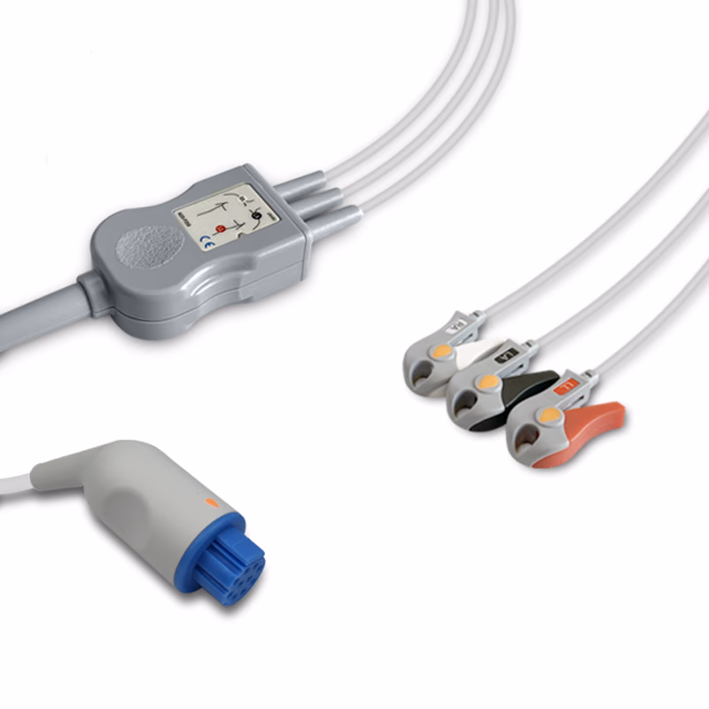 Compatible 3-lead One-Piece ECG Cable with Grabber/Pinch end (for use with Artema S&W) AHA Reusable, Limb Lead, 2.5m+0.9m, Respiratory Rate SKU: EC-3010G-A