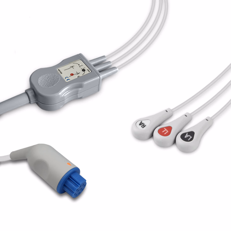Compatible 3-lead One-Piece ECG Cable with Snap end (for use with Artema S&W) AHA Reusable, Limb Lead, 2.5m+0.9m, Respiratory Rate SKU: EC-3010S-A