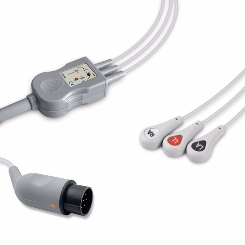 Compatible 3-lead One-Piece ECG Cable with Snap end (comparable to Nihon Kohden BC-763VA) AHA Reusable, Limb Lead, 2.5m+0.9m, Defib-Proof (with Resist) SKU: EC-3011RS-A