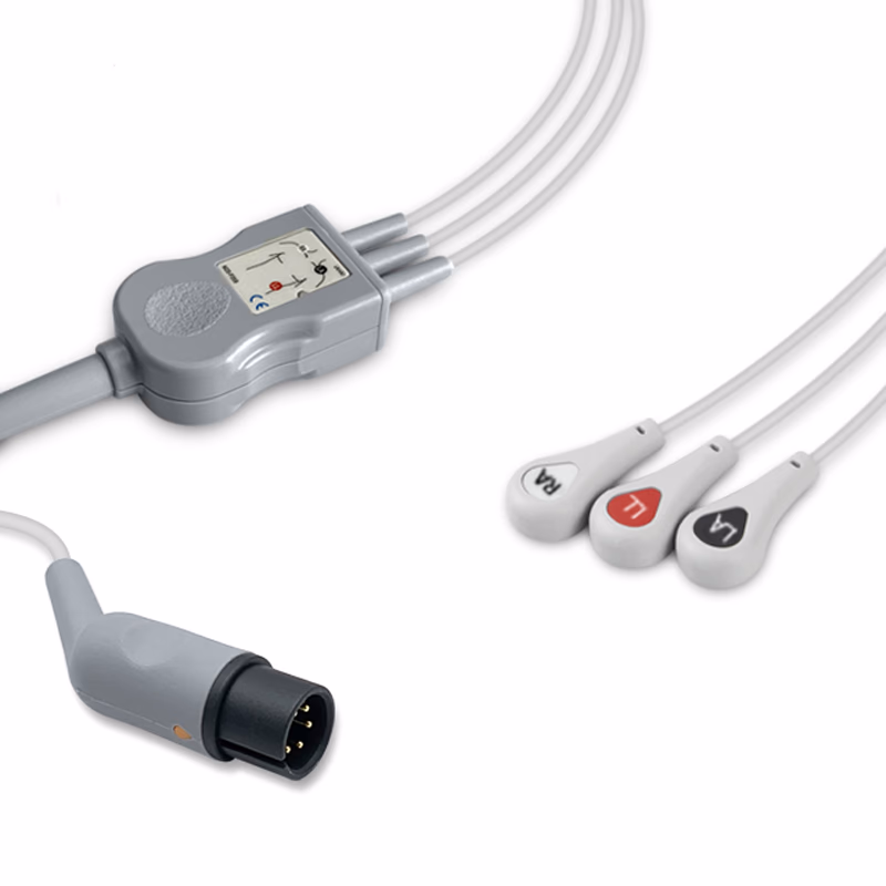 Compatible 3-lead One-Piece ECG Cable with Snap end (comparable to Datascope 0131-00-0079) AHA Reusable, Limb Lead, 2.5m+0.9m, Defib-Proof (with Resist) SKU: EC-3017RS-A