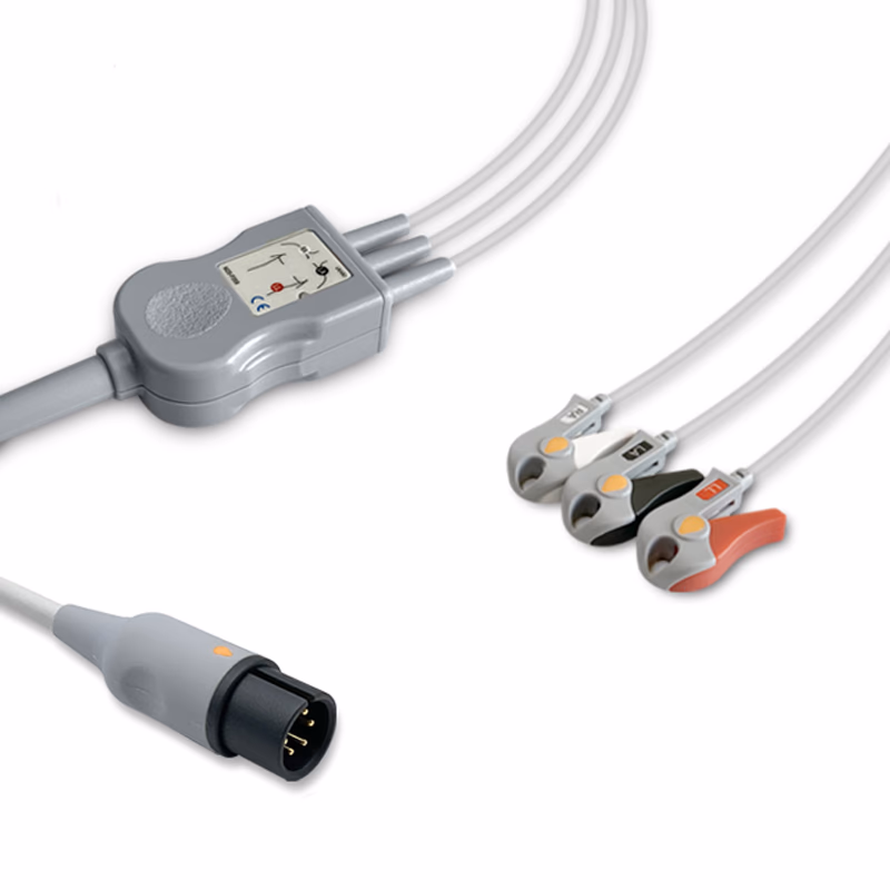 Compatible 3-lead One-Piece ECG Cable with Grabber/Pinch end (comparable to Welch Allyn 9293-050-50) AHA Reusable, Limb Lead, 2.5m+0.9m, Defib-Proof (with Resist) SKU: EC-3019RG-A