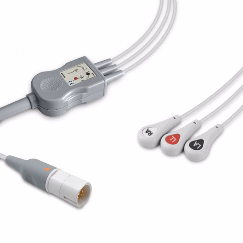 Compatible 3-lead One-Piece ECG Cable with Snap end (comparable to Draeger M35367) AHA Reusable, Limb Lead, 2.5m+0.9m, Respiratory Rate SKU: EC-3028S-A