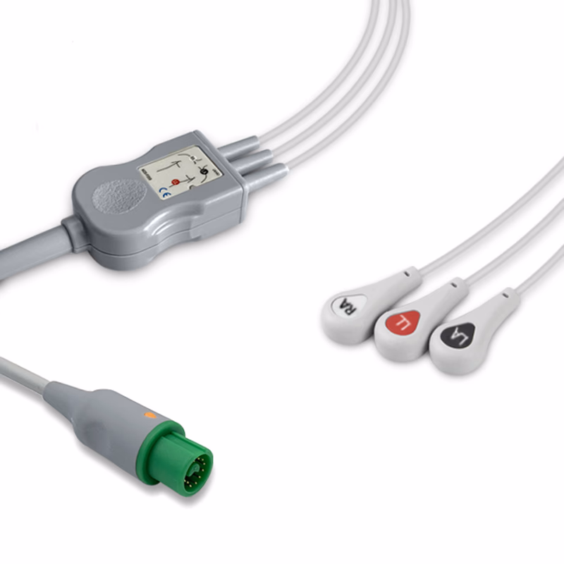 Compatible 3-lead One-Piece ECG Cable with Snap end (comparable to Fukuda Denshi 0012-00-1192) AHA Reusable, Limb Lead, 2.5m+0.9m, Respiratory Rate SKU: EC-3032S-A