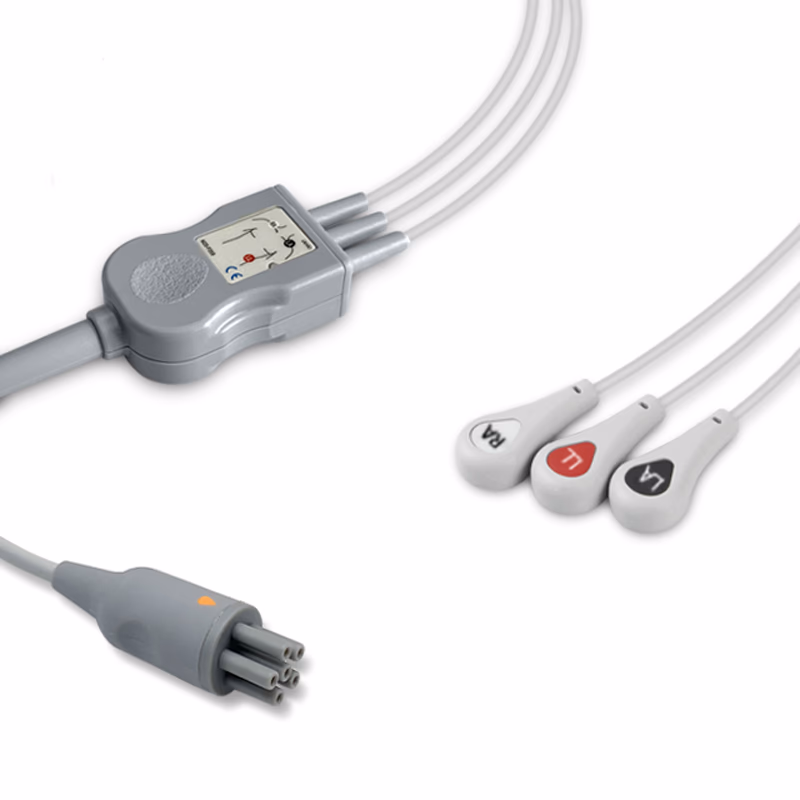 Compatible 3-lead One-Piece ECG Cable with Snap end (comparable to Colin MC039-55) AHA Reusable, Limb Lead, 2.5m+0.9m, Respiratory Rate SKU: EC-3035S-A