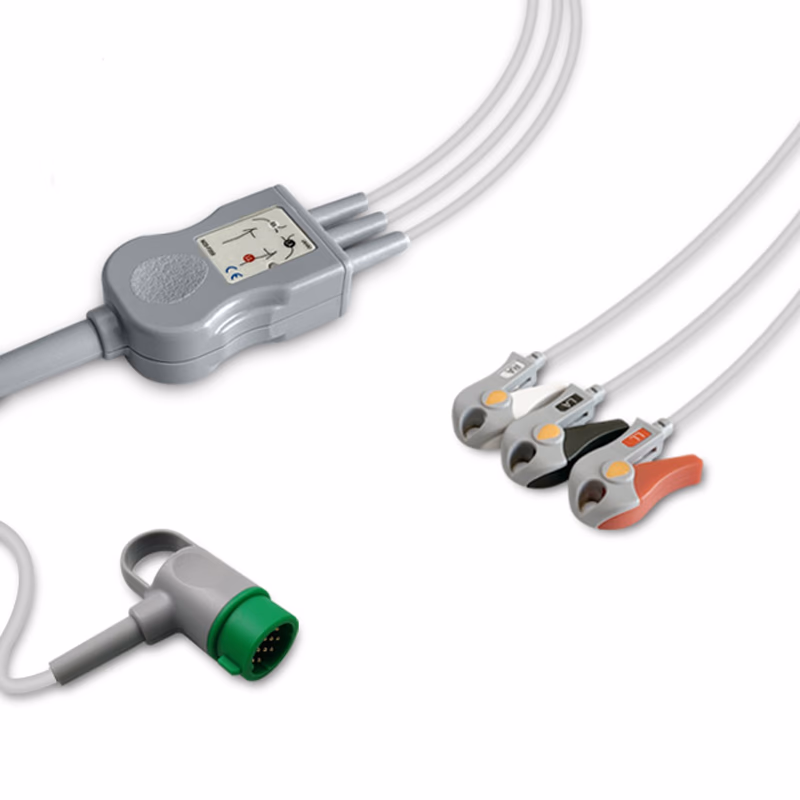Compatible 3-lead One-Piece ECG Cable with Grabber/Pinch end (for use with Medtronic) AHA Reusable, Limb Lead, 2.5m+0.9m, Defib-Proof (with Resist) SKU: EC-3039RG-A