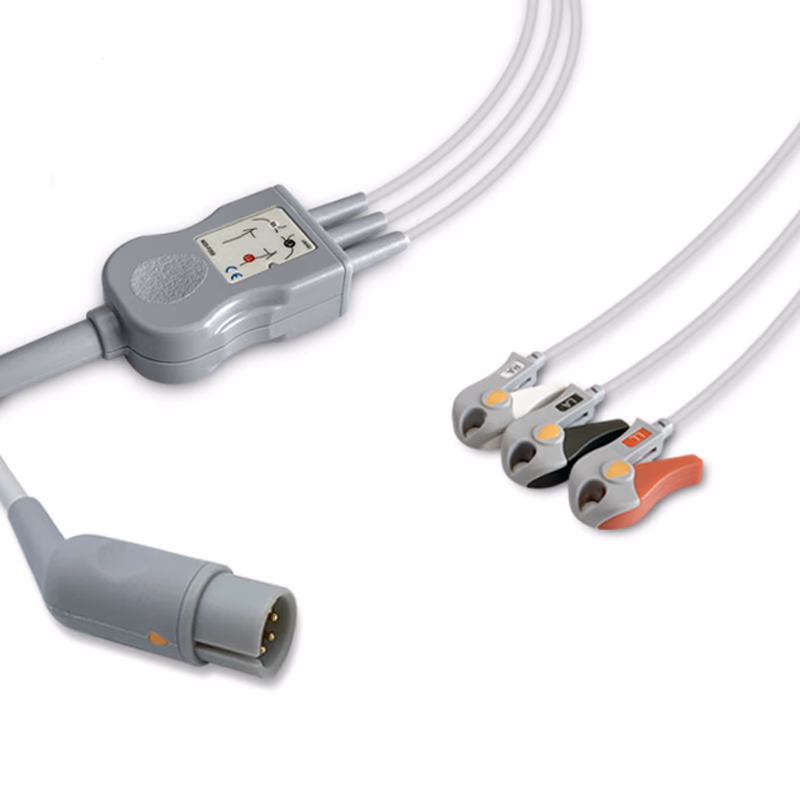 Compatible 3-lead One-Piece ECG Cable with Grabber/Pinch end (for use with M&B) AHA Reusable, Limb Lead, 2.5m+0.9m, Respiratory Rate SKU: EC-3043G-A