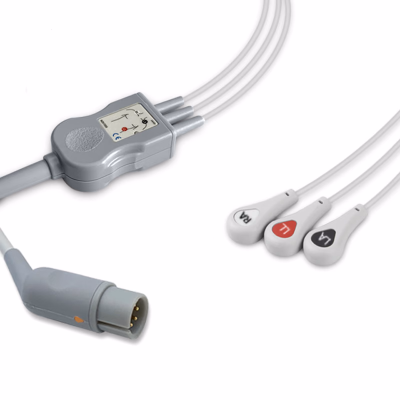 Compatible 3-lead One-Piece ECG Cable with Snap end (for use with M&B) AHA Reusable, Limb Lead, 2.5m+0.9m, Respiratory Rate SKU: EC-3043S-A