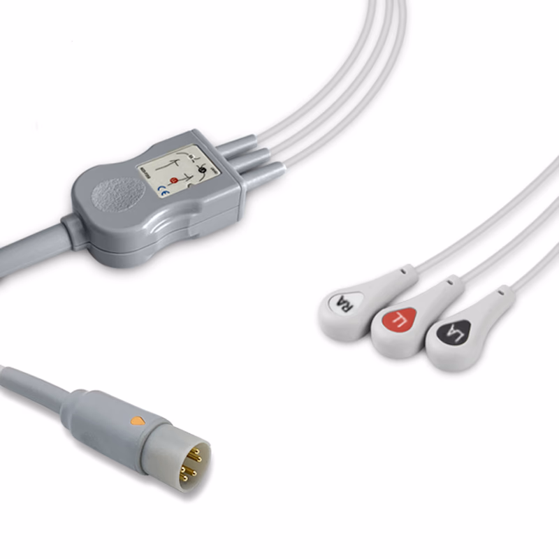 Compatible 3-lead One-Piece ECG Cable with Snap end (for use with CASMed) AHA Reusable, Limb Lead, 2.5m+0.9m, Respiratory Rate SKU: EC-3047S-A