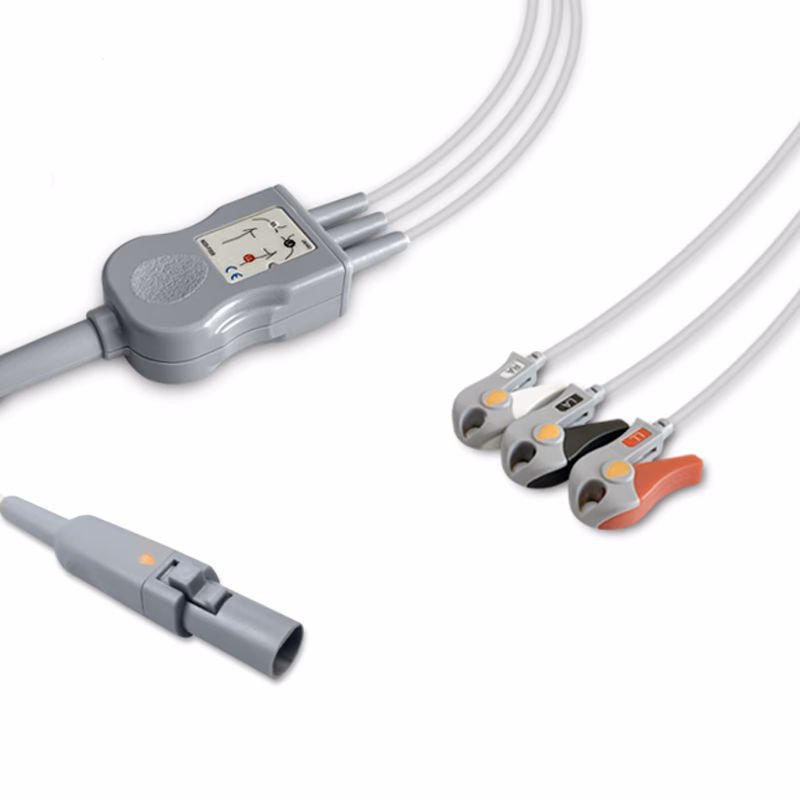 Compatible 3-lead One-Piece ECG Cable with Grabber/Pinch end (comparable to CASMed 01-02-0350) AHA Reusable, Limb Lead, 2.5m+0.9m, Respiratory Rate SKU: EC-3048G-A
