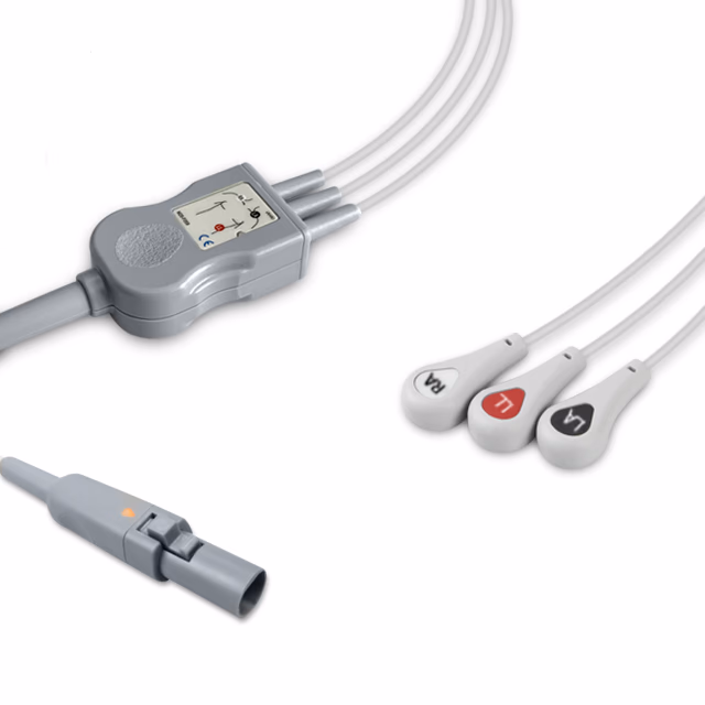 Compatible 3-lead One-Piece ECG Cable with Snap end (comparable to CASMed 01-02-0308) AHA Reusable, Limb Lead, 2.5m+0.9m, Respiratory Rate SKU: EC-3048S-A