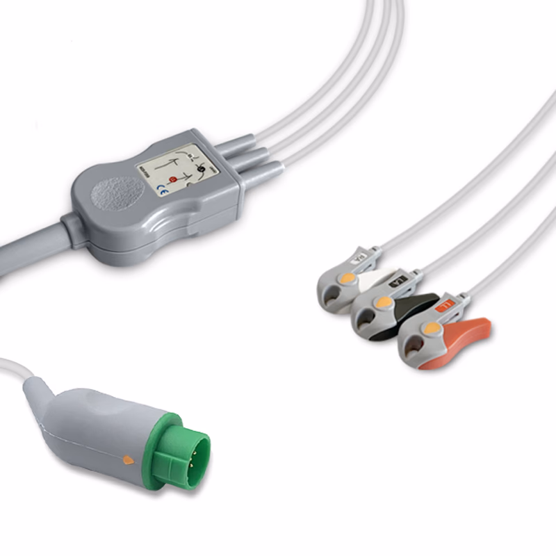 Compatible 3-lead One-Piece ECG Cable with Grabber/Pinch end (for use with Emtel) AHA Reusable, Limb Lead, 2.5m+0.9m, Defib-Proof (with Resist) SKU: EC-3049RG-A