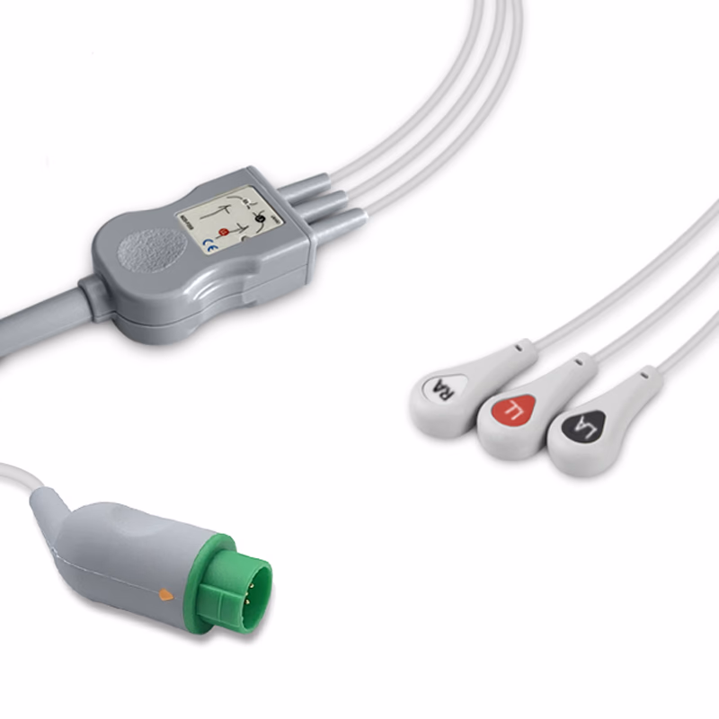 Compatible 3-lead One-Piece ECG Cable with Snap end (for use with Emtel) AHA Reusable, Limb Lead, 2.5m+0.9m, Defib-Proof (with Resist) SKU: EC-3049RS-A