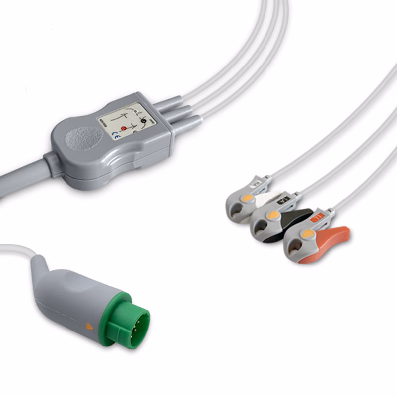 Compatible 3-lead One-Piece ECG Cable with Grabber/Pinch end (for use with Mennen Medical) AHA Reusable, Limb Lead, 2.5m+0.9m, Defib-Proof (with Resist) SKU: EC-3051RG-A