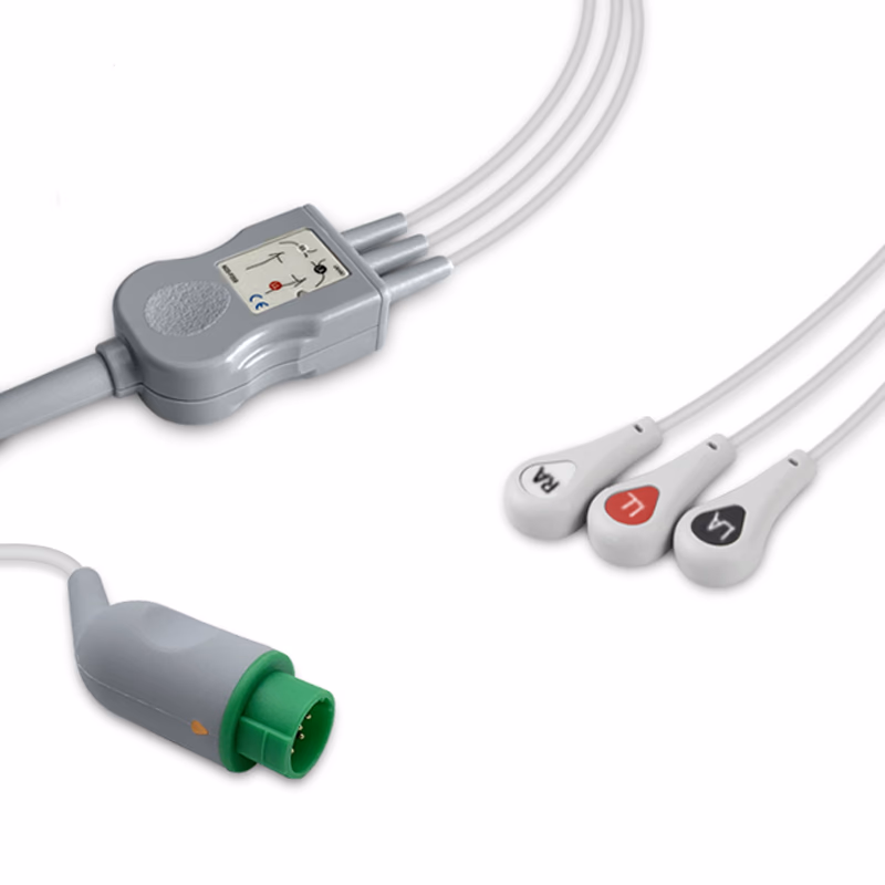 Compatible 3-lead One-Piece ECG Cable with Snap end (for use with Mennen Medical) AHA Reusable, Limb Lead, 2.5m+0.9m, Defib-Proof (with Resist) SKU: EC-3051RS-A