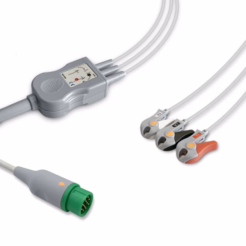Compatible 3-lead One-Piece ECG Cable with Grabber/Pinch end (comparable to Biolight 15-031-0014) AHA Reusable, Limb Lead, 2.5m+0.9m, Defib-Proof (with Resist) SKU: EC-3053RG-A