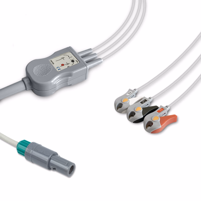 Compatible 3-lead One-Piece ECG Cable with Grabber/Pinch end (for use with Biosys) AHA Reusable, Limb Lead, 2.5m+0.9m, Respiratory Rate SKU: EC-3055G-A