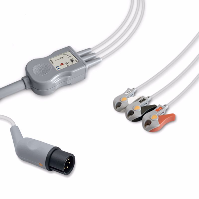 Compatible 3-lead One-Piece ECG Cable with Grabber/Pinch end (for use with Comen) AHA Reusable, Limb Lead, 2.5m+0.9m, Respiratory Rate SKU: EC-3056G-A