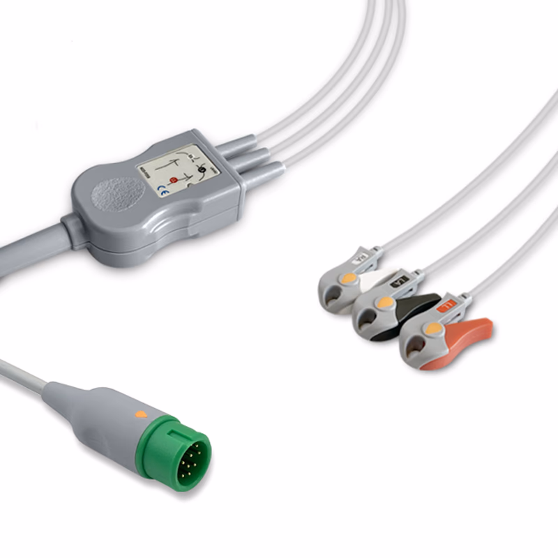 Compatible 3-lead One-Piece ECG Cable with Grabber/Pinch end (comparable to Comen 040-000908-00) AHA Reusable, Limb Lead, 2.5m+0.9m, Defib-Proof (with Resist) SKU: EC-3057RG-A