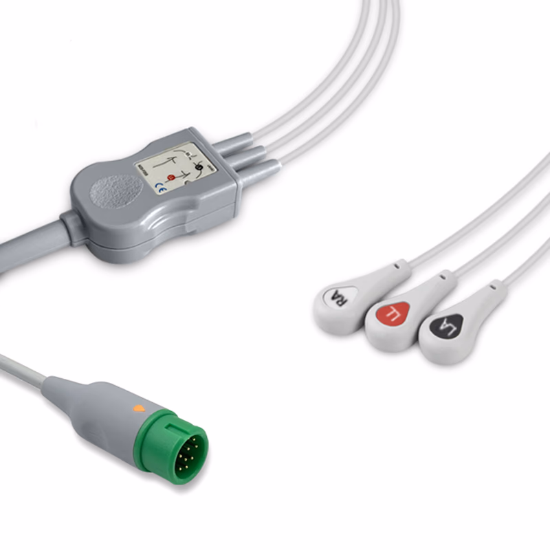 Compatible 3-lead One-Piece ECG Cable with Snap end (comparable to Comen 700-0008-24) AHA Reusable, Limb Lead, 2.5m+0.9m, Defib-Proof (with Resist) SKU: EC-3057RS-A
