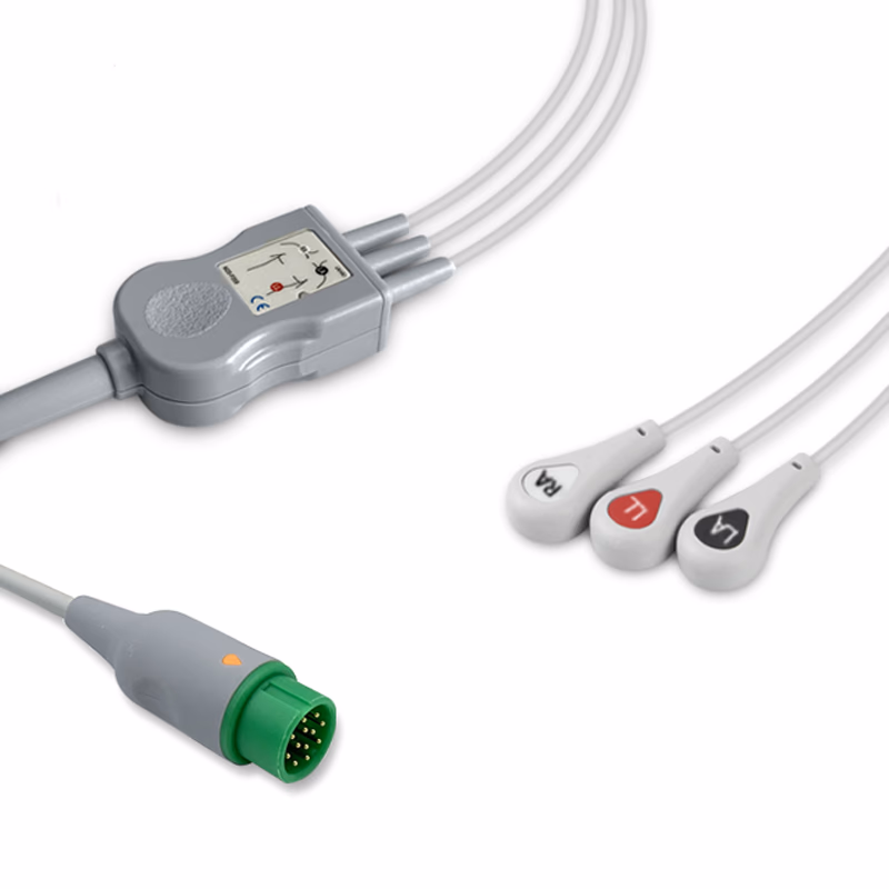 Compatible 3-lead One-Piece ECG Cable with Snap end (for use with Infinium) AHA Reusable, Limb Lead, 2.5m+0.9m, Defib-Proof (with Resist) SKU: EC-3058RS-A