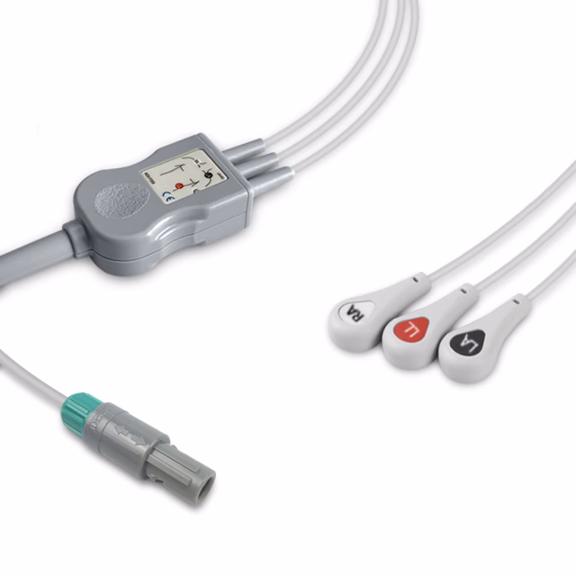 Compatible 3-lead One-Piece ECG Cable with Snap end (for use with Sonoscape) AHA Reusable, Limb Lead, 2.5m+0.9m, Respiratory Rate SKU: EC-3062S-A
