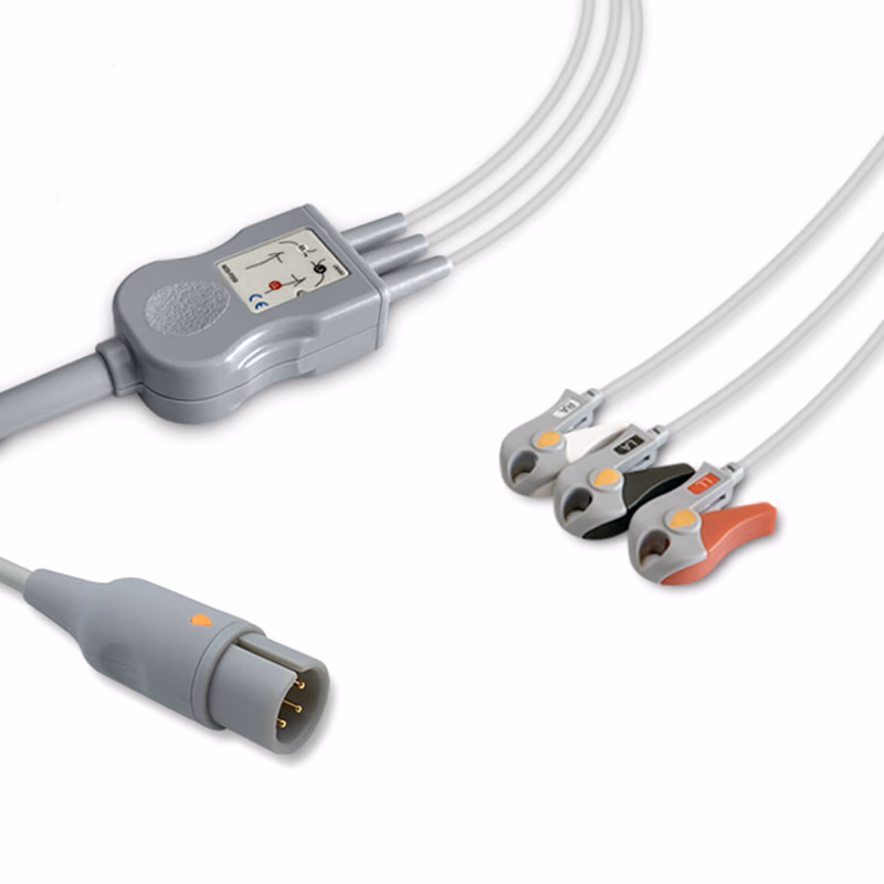 Compatible 3-lead One-Piece ECG Cable with Grabber/Pinch end (for use with COMBIOMED) AHA Reusable, Limb Lead, 2.5m+0.9m, Respiratory Rate SKU: EC-3063G-A