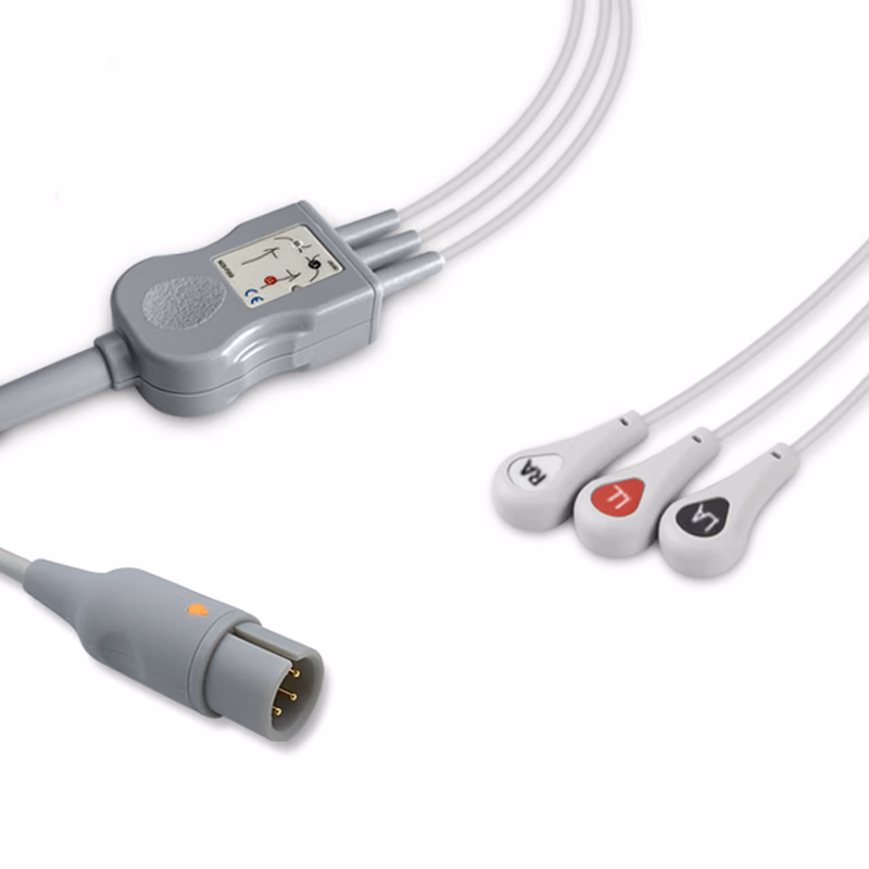 Compatible 3-lead One-Piece ECG Cable with Snap end (for use with COMBIOMED) AHA Reusable, Limb Lead, 2.5m+0.9m, Respiratory Rate SKU: EC-3063S-A