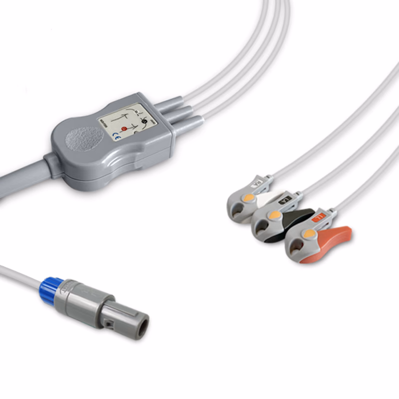 Compatible 3-lead One-Piece ECG Cable with Grabber/Pinch end (comparable to Siemens 7396448) AHA Reusable, Limb Lead, 2.5m+0.9m, Respiratory Rate SKU: EC-3074G-A