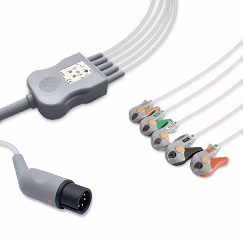 Compatible 5-lead One-Piece ECG Cable with Grabber/Pinch end (comparable to Edan M15-040155) AHA Reusable, Limb + Chest Lead, 2.5m+0.9m, Respiratory Rate SKU: EC-5001G-A