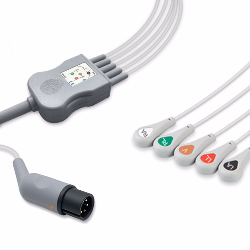 Compatible 5-lead One-Piece ECG Cable with Snap end (comparable to Zoll 8000-1005-01) AHA Reusable, Limb + Chest Lead, 2.5m+0.9m, Respiratory Rate SKU: EC-5001S-A