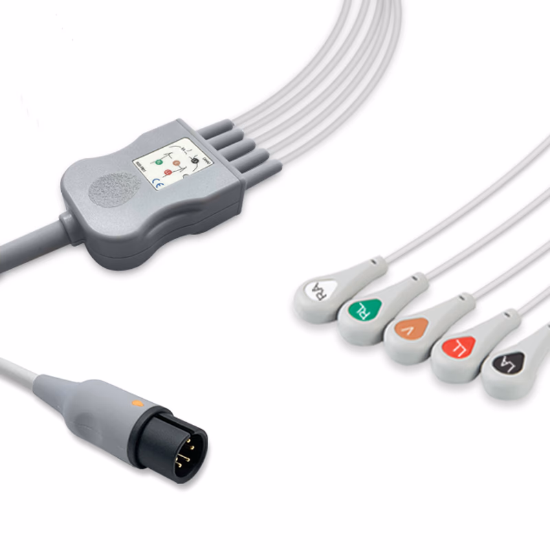 Compatible 5-lead One-Piece ECG Cable with Snap end (comparable to Edan 01.57.471096-11) AHA Reusable, Limb + Chest Lead, 2.5m+0.9m, Defib-Proof (with Resist) SKU: EC-5002RS-A