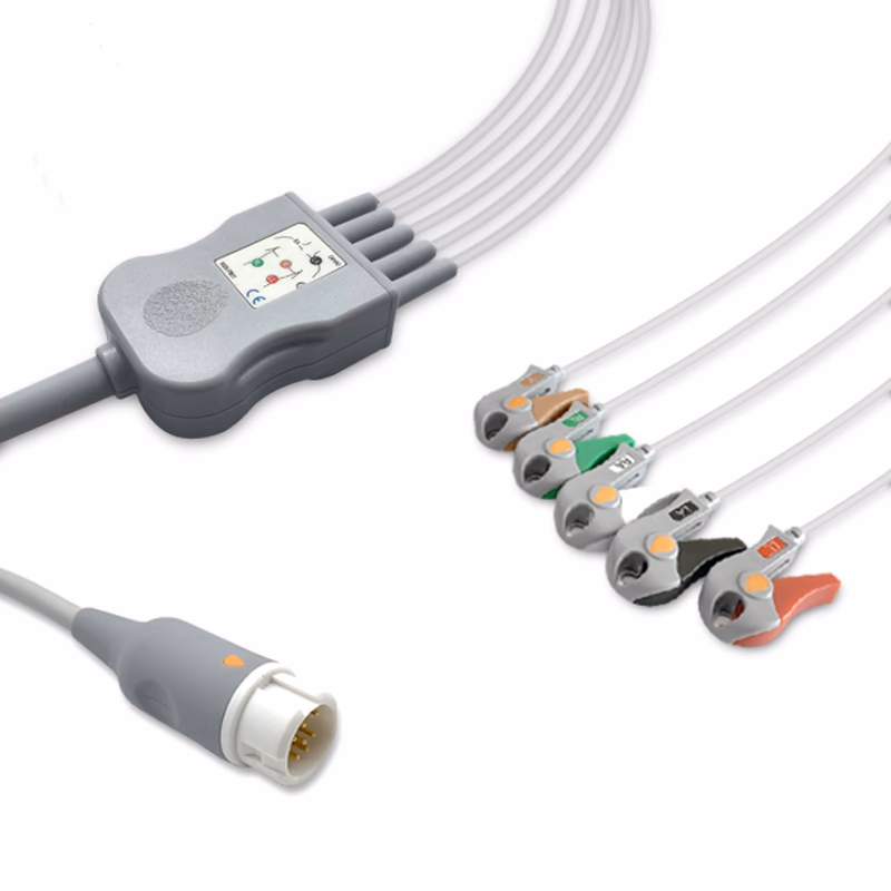 Compatible 5-lead One-Piece ECG Cable with Grabber/Pinch end (comparable to Philips 989803143201) AHA Reusable, Limb + Chest Lead, 2.5m+0.9m, Defib-Proof (with Resist) SKU: EC-5005RG-A