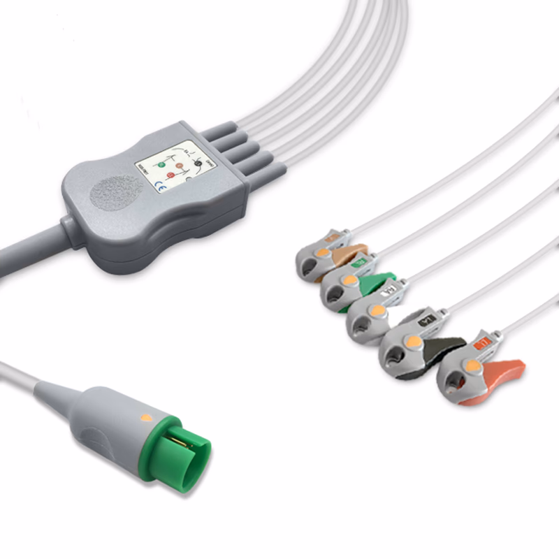 Compatible 5-lead One-Piece ECG Cable with Grabber/Pinch end (for use with Spacelabs) AHA Reusable, Limb + Chest Lead, 2.5m+0.9m, Defib-Proof (with Resist) SKU: EC-5007RG-A