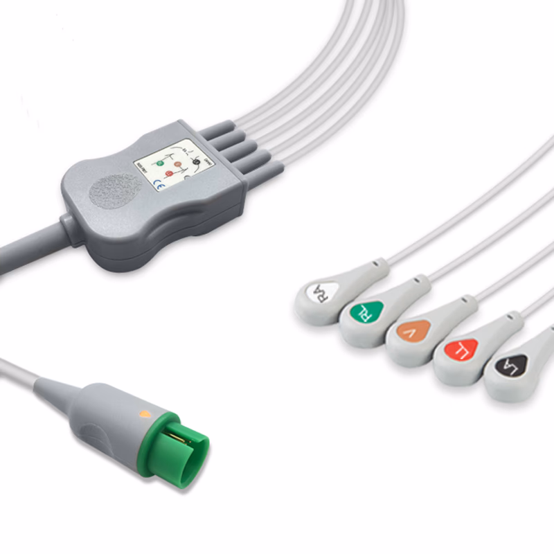 Compatible 5-lead One-Piece ECG Cable with Snap end (for use with Spacelabs) AHA Reusable, Limb + Chest Lead, 2.5m+0.9m, Defib-Proof (with Resist) SKU: EC-5007RS-A
