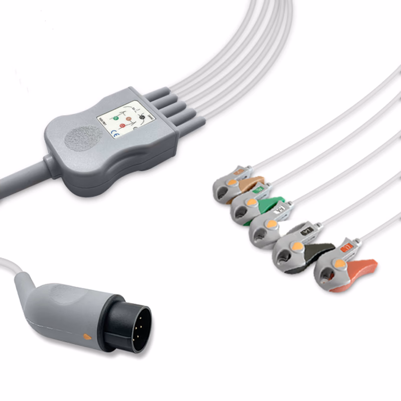 Compatible 5-lead One-Piece ECG Cable with Grabber/Pinch end (comparable to Nihon Kohden K352B) AHA Reusable, Limb + Chest Lead, 2.5m+0.9m, Defib-Proof (with Resist) SKU: EC-5011RG-A