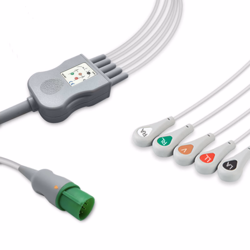 Compatible 5-lead One-Piece ECG Cable with Snap end (comparable to Nihon Kohden BC-765VA) AHA Reusable, Limb + Chest Lead, 2.5m+0.9m, Defib-Proof (with Resist) SKU: EC-5014RS-A