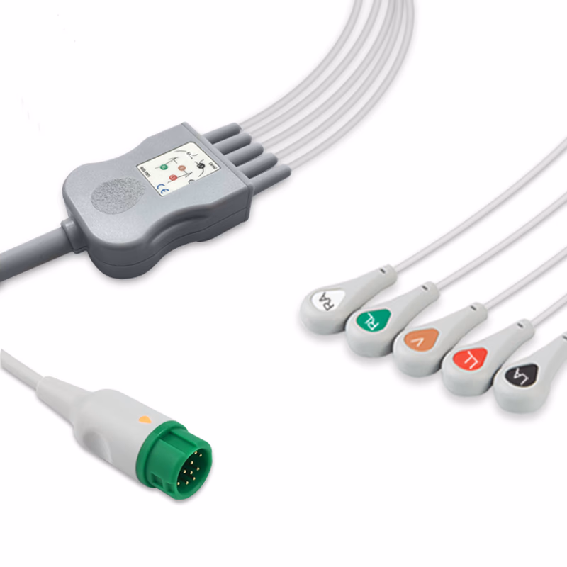 Compatible 5-lead One-Piece ECG Cable with Snap end (comparable to Mindray 040-000961-00) AHA Reusable, Limb + Chest Lead, 2.5m+0.9m, Respiratory Rate SKU: EC-5016S-A