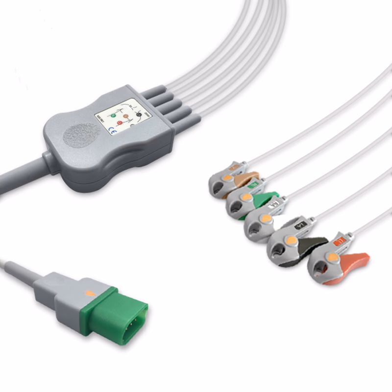 Compatible 5-lead One-Piece ECG Cable with Grabber/Pinch end (for use with Datascope) AHA Reusable, Limb + Chest Lead, 2.5m+0.9m, Defib-Proof (with Resist) SKU: EC-5018RG-A