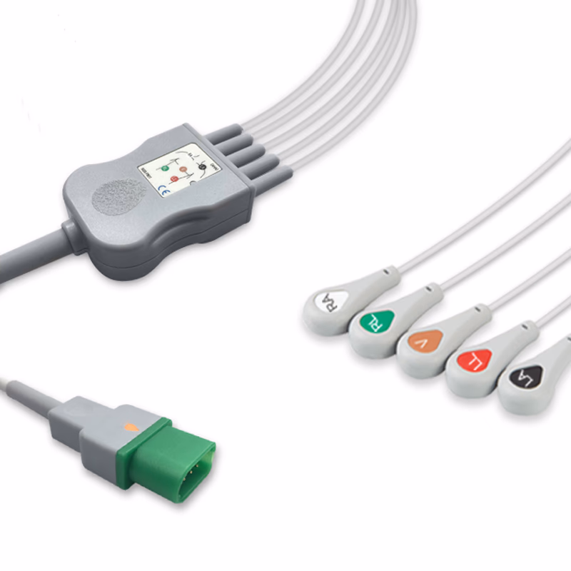 Compatible 5-lead One-Piece ECG Cable with Snap end (comparable to Mindray 0012-00-1156-01) AHA Reusable, Limb + Chest Lead, 2.5m+0.9m, Defib-Proof (with Resist) SKU: EC-5018RS-A