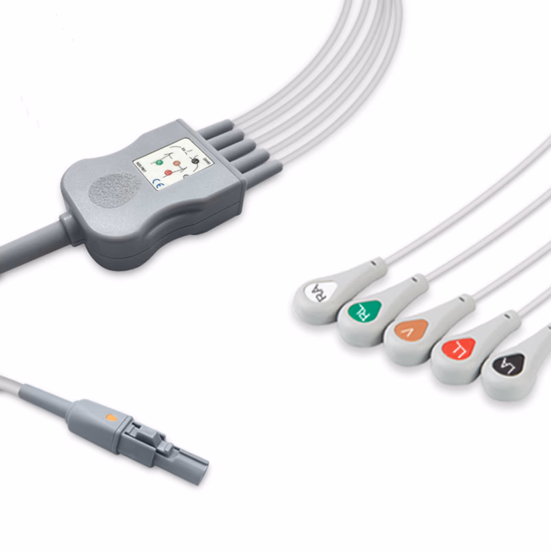 Compatible 5-lead One-Piece ECG Cable with Snap end (comparable to Welch Allyn 008-0879-00) AHA Reusable, Limb + Chest Lead, 2.5m+0.9m, Defib-Proof (with Resist) SKU: EC-5020RS-A