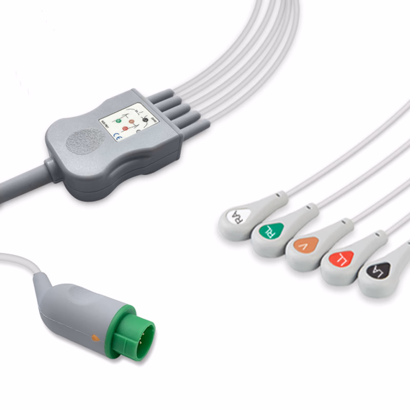 Compatible 5-lead One-Piece ECG Cable with Snap end (comparable to Fukuda Denshi CI-700E-5) AHA Reusable, Limb + Chest Lead, 2.5m+0.9m, Defib-Proof (with Resist) SKU: EC-5031RS-A