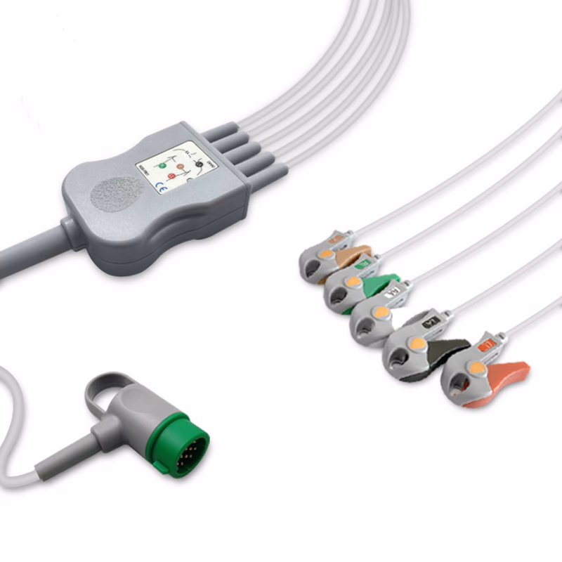 Compatible 5-lead One-Piece ECG Cable with Grabber/Pinch end (for use with Medtronic) AHA Reusable, Limb + Chest Lead, 2.5m+0.9m, Defib-Proof (with Resist) SKU: EC-5039RG-A