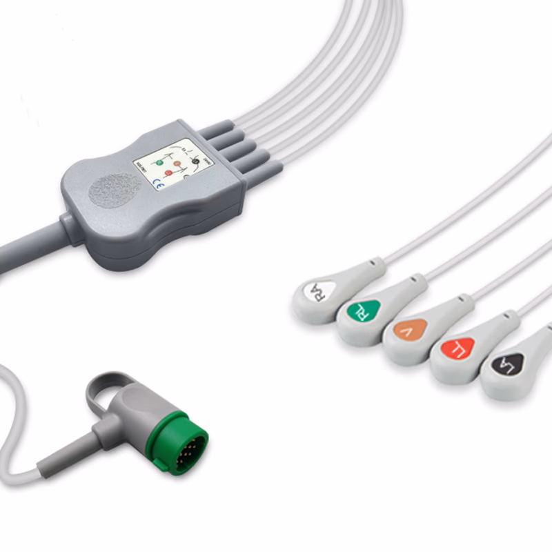 Compatible 5-lead One-Piece ECG Cable with Snap end (comparable to Physio-Control 11110-000066) AHA Reusable, Limb + Chest Lead, 2.5m+0.9m, Defib-Proof (with Resist) SKU: EC-5039RS-A