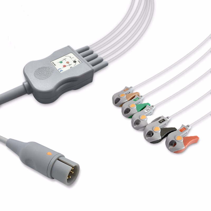 Compatible 5-lead One-Piece ECG Cable with Grabber/Pinch end (for use with M&B) AHA Reusable, Limb + Chest Lead, 2.5m+0.9m, Respiratory Rate SKU: EC-5043G-A