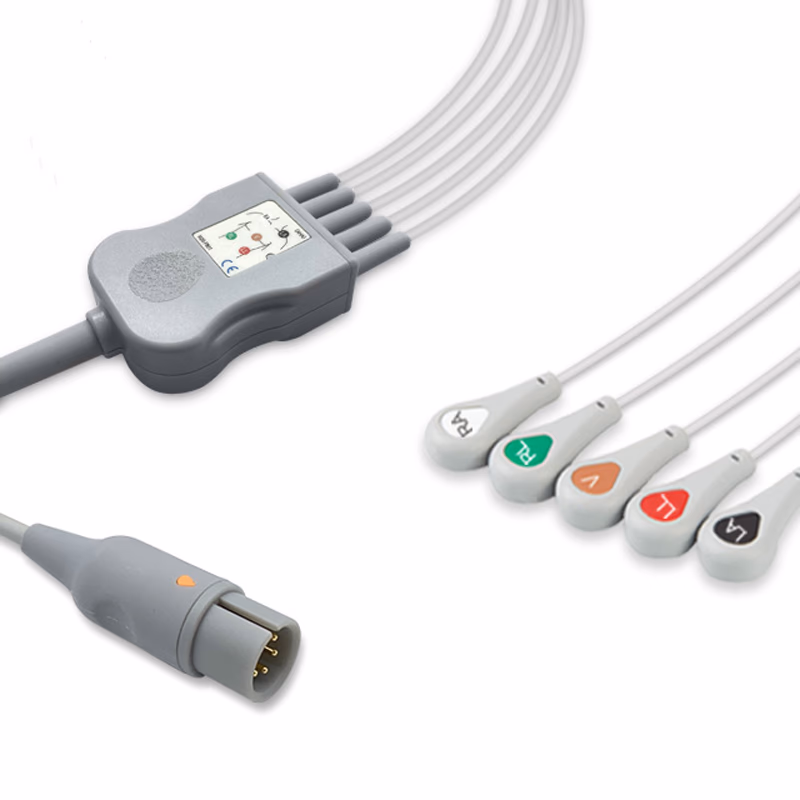 Compatible 5-lead One-Piece ECG Cable with Snap end (for use with M&B) AHA Reusable, Limb + Chest Lead, 2.5m+0.9m, Respiratory Rate SKU: EC-5043S-A