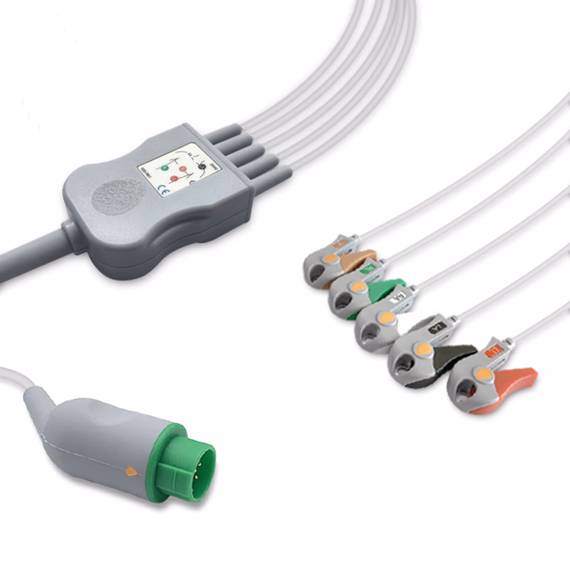 Compatible 5-lead One-Piece ECG Cable with Grabber/Pinch end (for use with Emtel) AHA Reusable, Limb + Chest Lead, 2.5m+0.9m, Defib-Proof (with Resist) SKU: EC-5049RG-A
