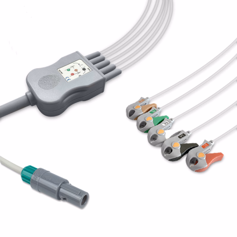 Compatible 5-lead One-Piece ECG Cable with Grabber/Pinch end (for use with Biosys) AHA Reusable, Limb + Chest Lead, 2.5m+0.9m, Respiratory Rate SKU: EC-5055G-A